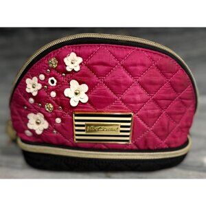 Betsey Johnson Quilted Floral Cosmetic Bag With Gold Accents & Zipper